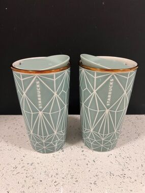 2 x NEW Starbucks Ceramic Green Blue Diamond Geometric Tumbler Travel Mug 12oz